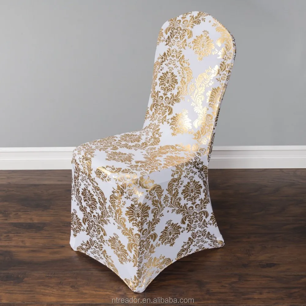 Bronzing Gold Print Flower Removable Washable Spandex Chair Cover for Wedding Banquet Party