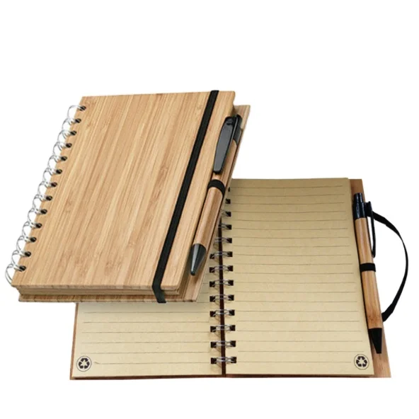 Wood grain Notepad Hot sell Customized recycled bamboo cover notebook with bandage pen holder wood notebook and pen gift sets