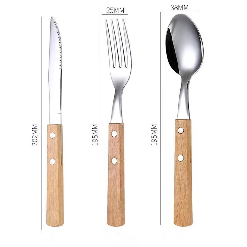 Luxury korean woden cutlery set  Knife Fork Spoon Set Wooden Handle Stainless Steel bulk Cutlery for restaurant hotel