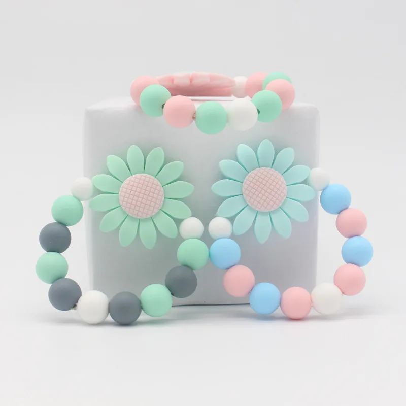 silicon flower infant teething toys soothing teether toys silicon beads bracelet silicone teething toy for baby