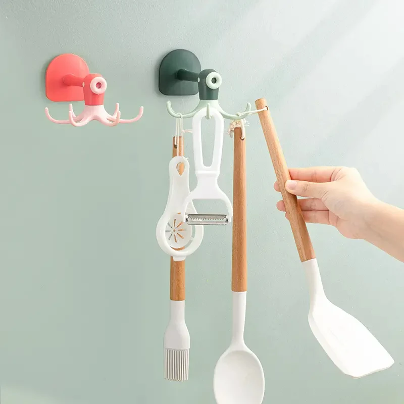 360 Degree Rotatable Kitchenware Storage Holder Creative Sticky Wall Hooks Punch Free Organizer Hanger