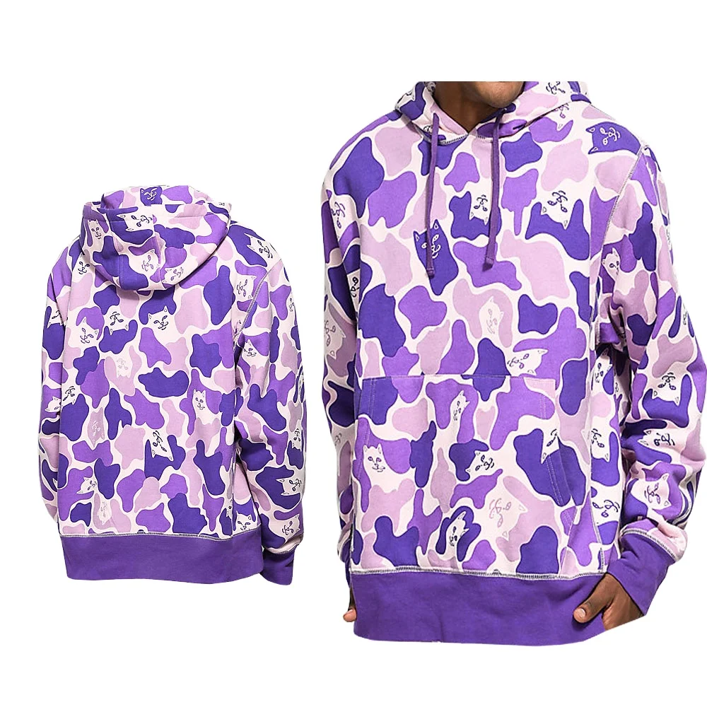 Custom Purple Camo Anti Shrink Printed Design Pull Over Cotton Hoodies Men Gym Essentials Hoodie Sweatshirt