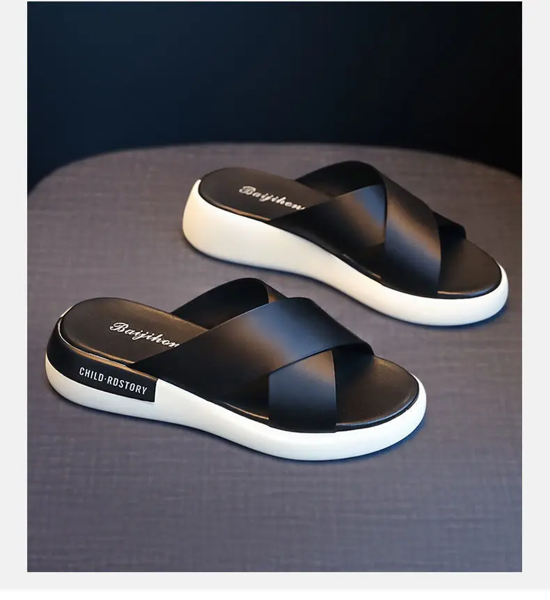 Casual Fashion Female Leather Sandals Shoes Ladies Black Mid Heel Woman Half Slippers Shoes Girls Thick Bottom Wedges Sandals