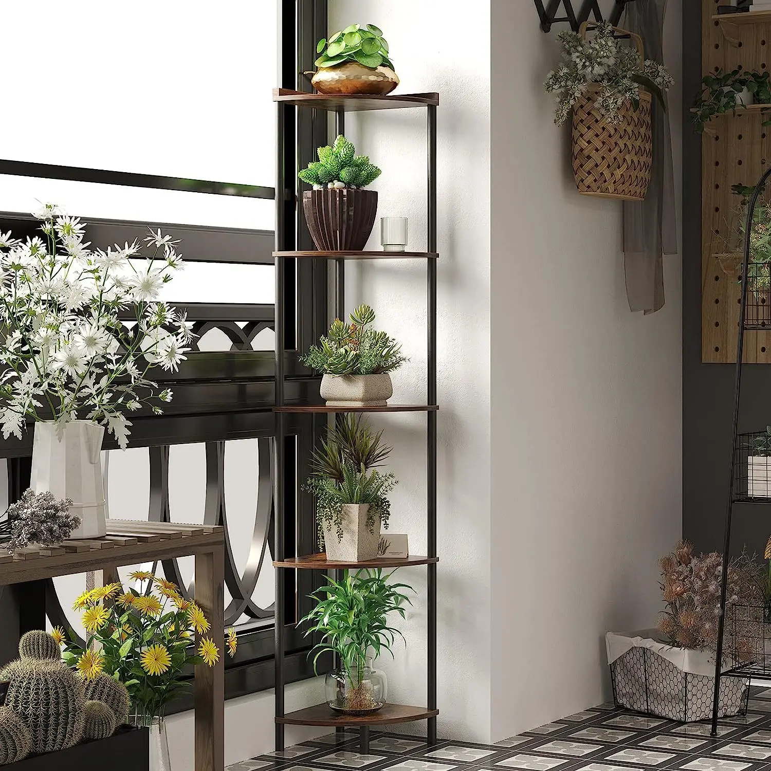 Ladder Shelf 5-Tier Wood Wall Mounted Bookshelf with Stable Metal Frame Wooden Hidden Bookcase Door Industrial Bookcase