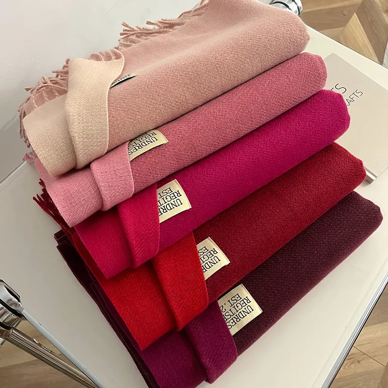 2023 New Winter Warm Plain Color Pashmina Shawl Blanket Scarf Women Men Long Large Double Sided Cashmere Scarves Fringe Shawls