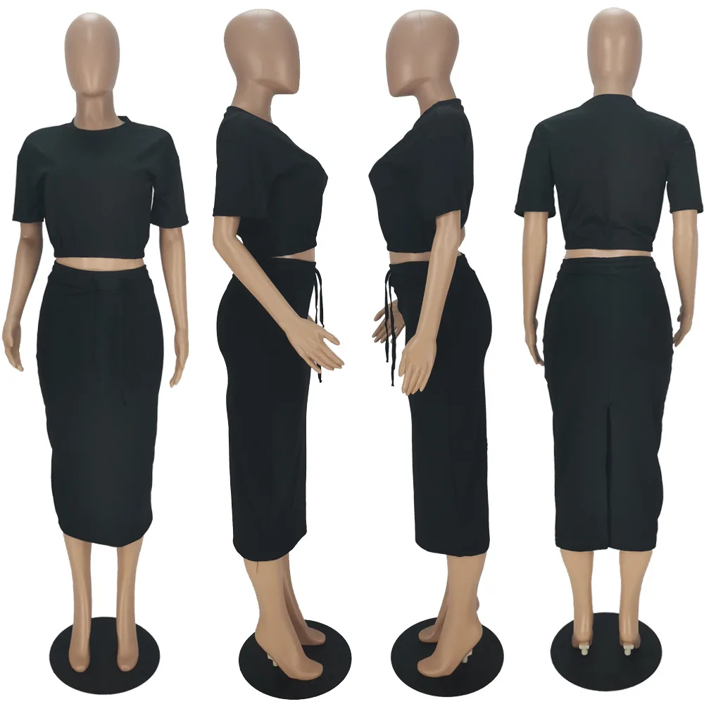 2022 summer sexy ladies dress new short sleeve round neck crop top solid color slit strap skirt two piece sets womens skirts set
