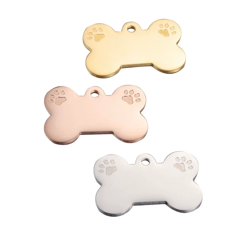 2023 mirror polishing gold stainless steel dog paw pendant accessories engravable logo dog bone shape pendant for keychain