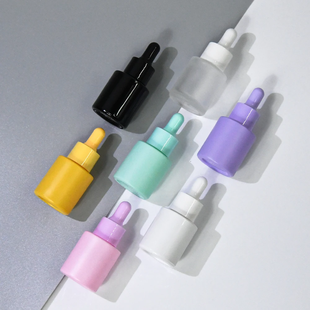 High Quality 20ml Pink White Black Green Purple Yellow Frosted Empty Round Glass Cosmetic Dropper Bottle for Essential Oil