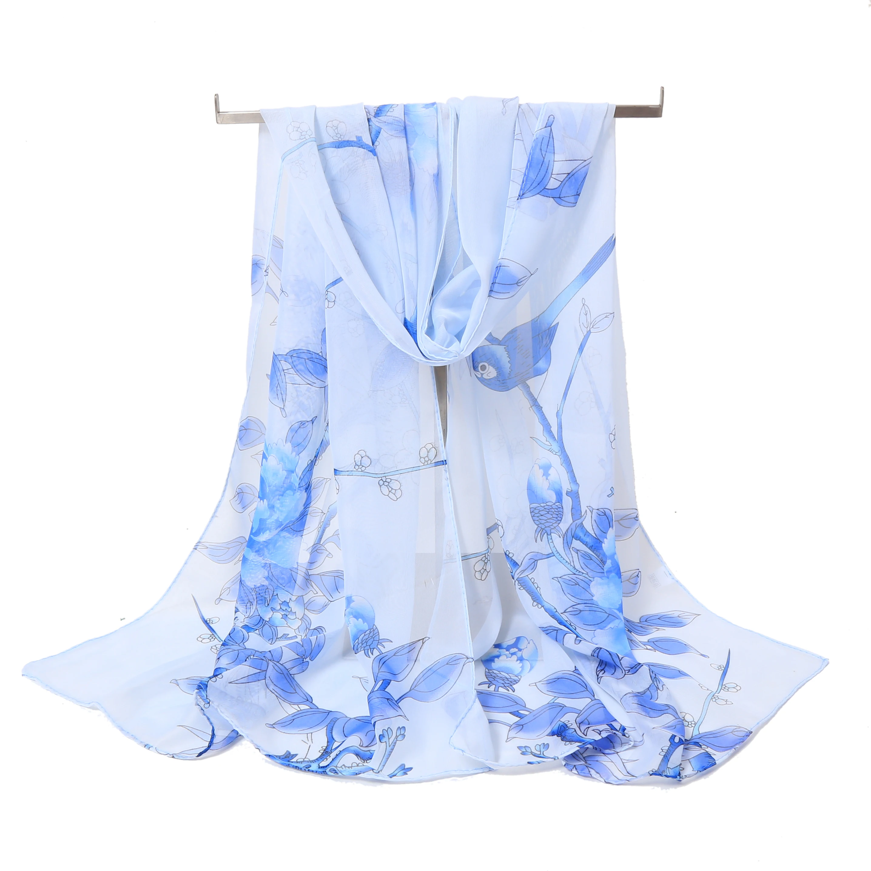 Beautiful White Printed Silk Chiffon Georgette Scarf Elegant Square Style Shawl Summer Sun Protection for Women