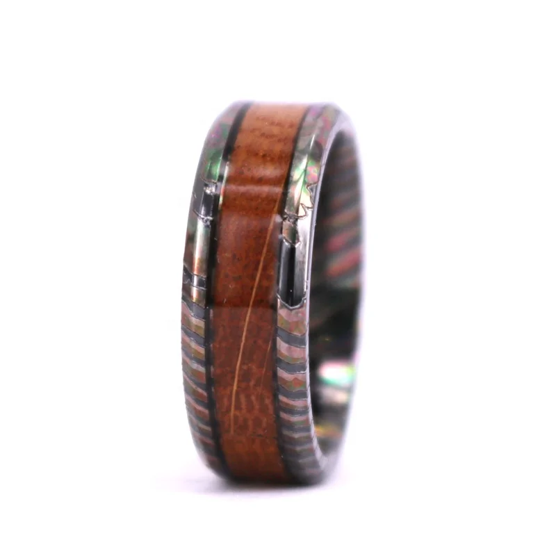 Customized Newest Design Recycled Whisky Barrel ring,wood Inlay Zirconium Dmascus Wedding Ring