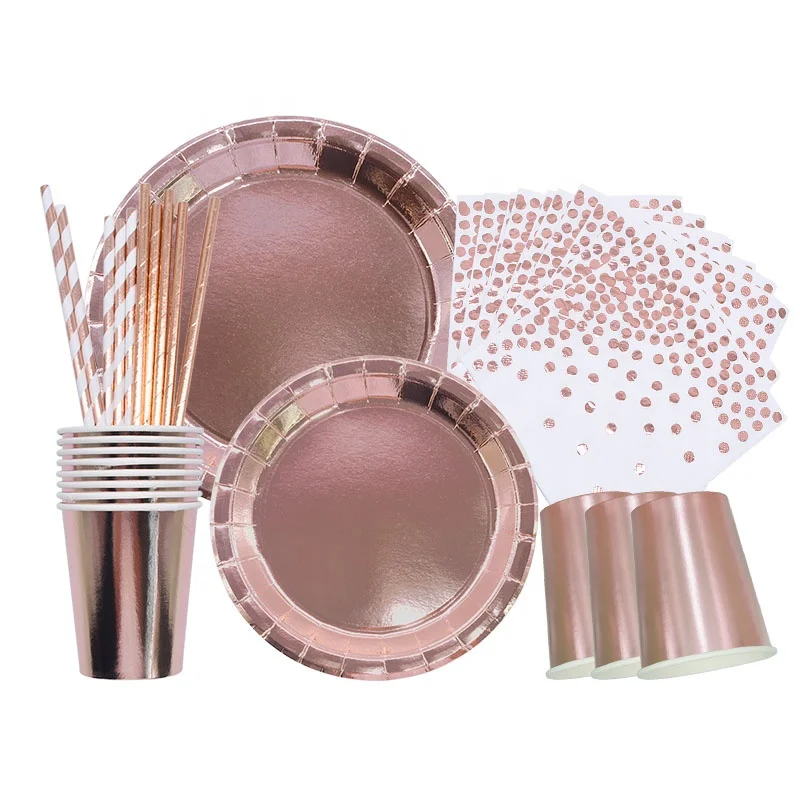 
disposable custom rose gold color birthday party dinner paper plates sets 