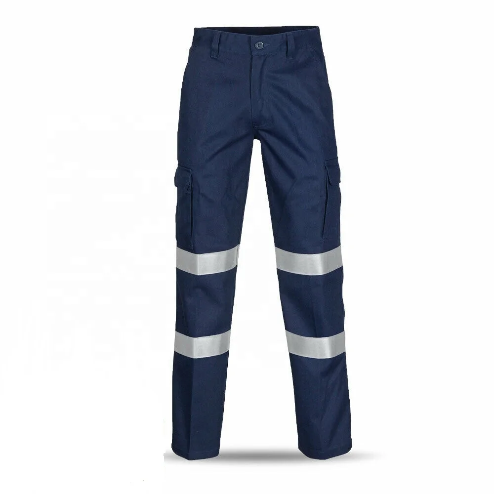 High vis reflective zip off 6 pockets design polycotton spandex stretch men safety workwear blue pants