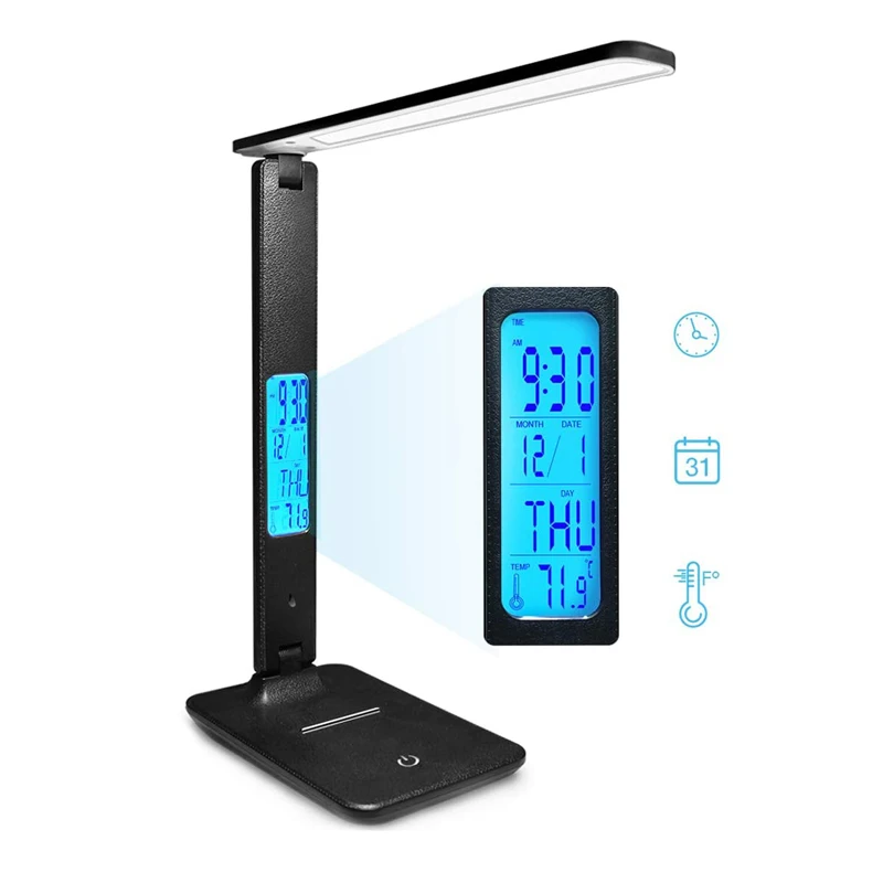 Dropshipping QI Wireless Charging LED Desk Lamp 10W With Calendar Temperature Alarm Clock Eye Protect Reading Light Table Lamp