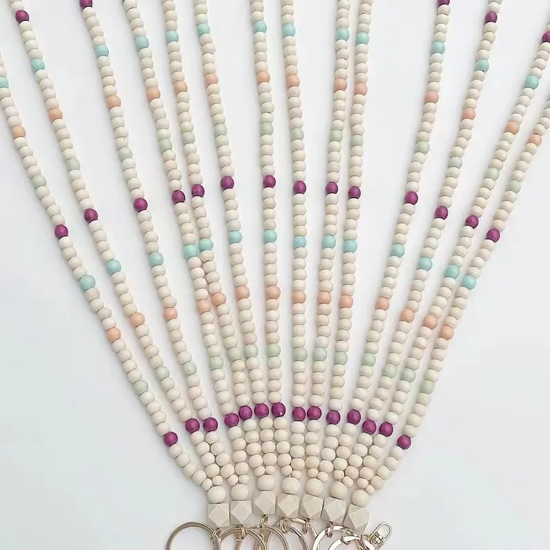 Hot Selling Boho Wood Beaded Lanyard Keychain Trendy Colorful Wooden Beaded ID Necklace Badge Lanyard For Teacher Gift