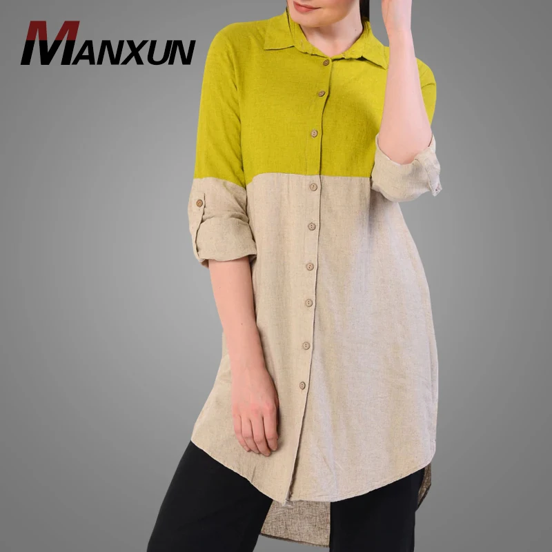 Simple Arab Ethnic Women Muslim Islamic Tunic Long Sleeves Stitching Blouse Turkish Tunics For Women Front Button