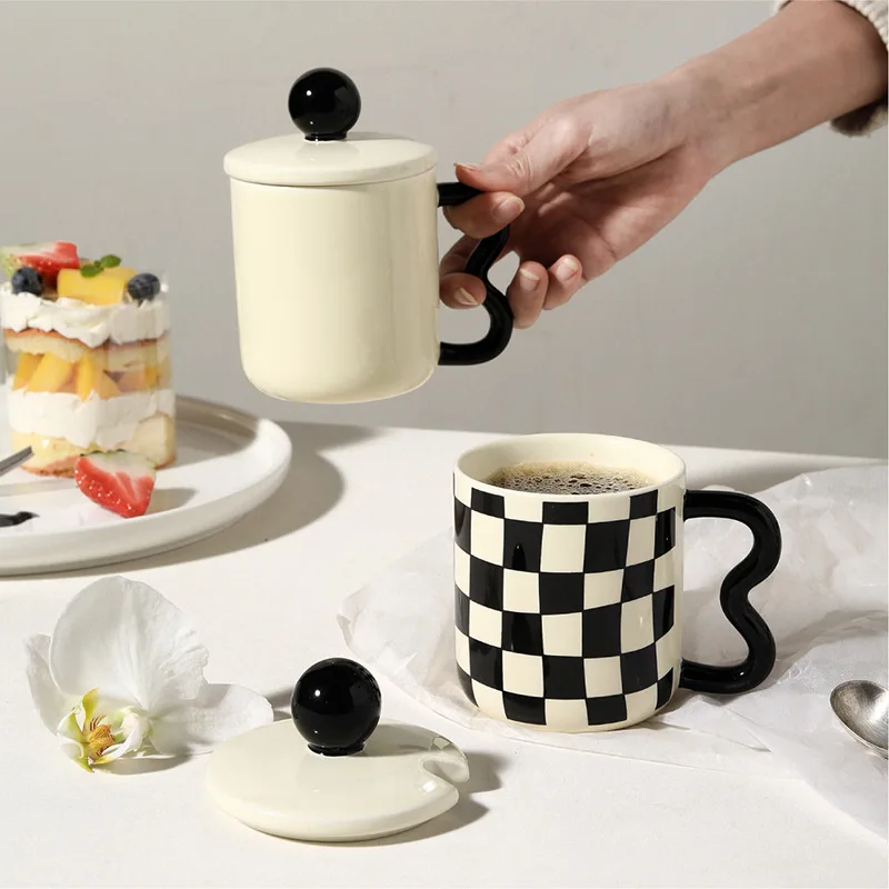 checkerboard checked mug retro ceramic water cup with lid