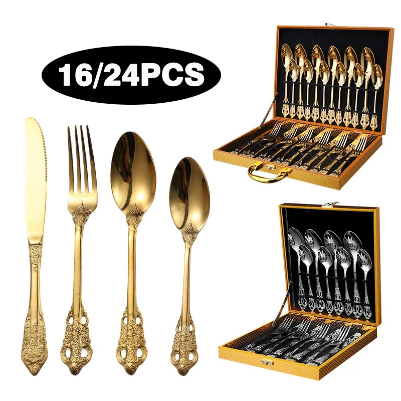 16/24 pcs Wedding 18/10 Stainless Steel Gold Cutlery Set Spoons Forks Flatware Golden Cutlery