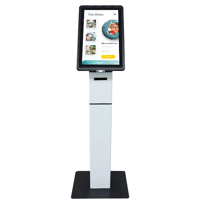 customized desktop or floor standing 21.5 inch touch self service kiosk with POS terminal holder barcode qr code scanner