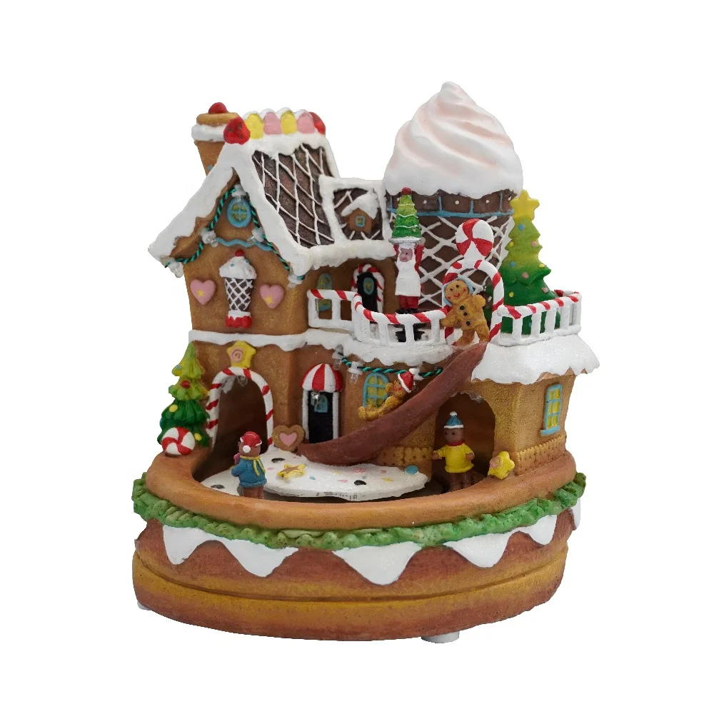 New Arrival Musical Resin Gingerbread House with LED Light Movement Christmas Village 2024 Decoration