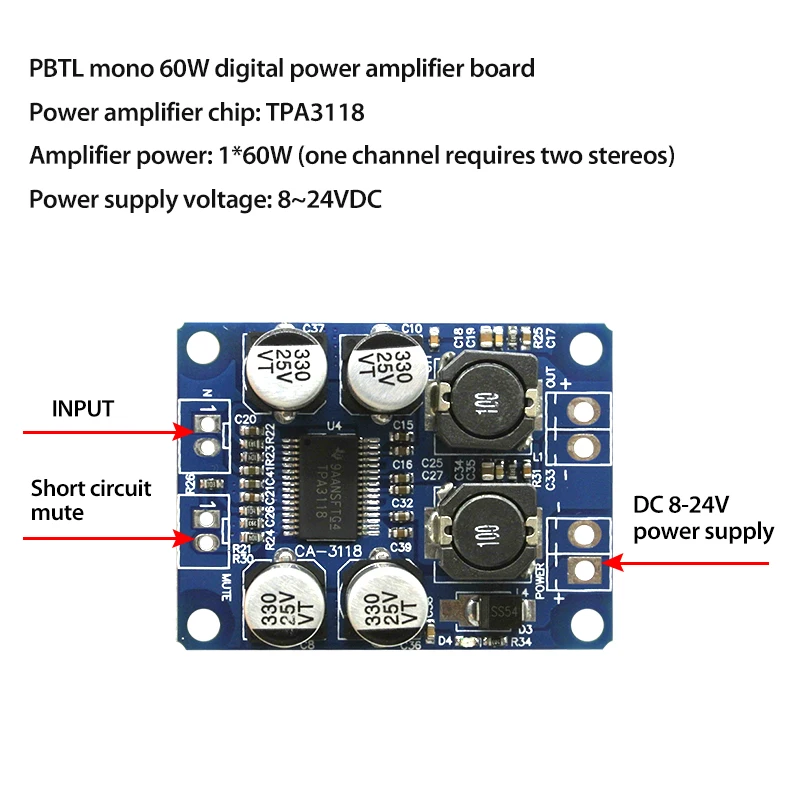 Tpa3118 Плата усилителя Tpa3118 горячая Распродажа 1X60W 8-24V TPA3118 PBTL моно Класс D цифровая мощность TPA3118 усилитель аудио Плата
