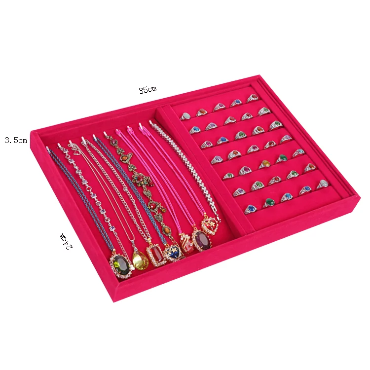 Custom logo 2 in 1 velvet flocking fabric jewelry display ring tray case display necklace box