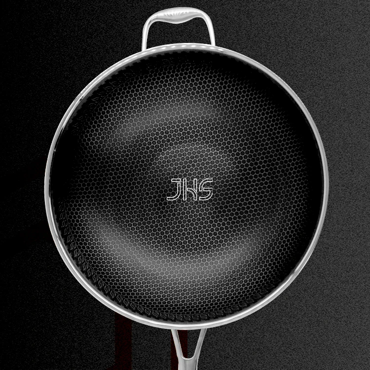 Manufacturer High Quality Tri Ply 304  Stainless Steel Non Stick Coating Honeycomb Wok With Stay Cool Long Handle