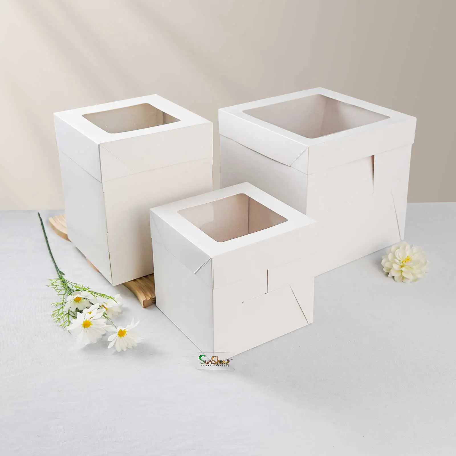 SunShine Quality White Cake Pastry Paper Boxes With Window Bakery Cardboard Birthday Cake Box