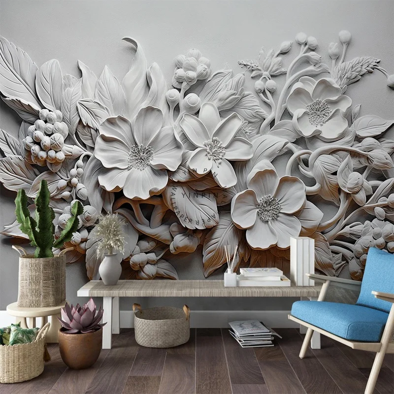 3D floral gypsum sculpture relief wall paper 3d for living room