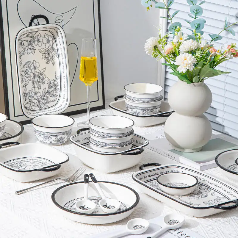 Unique Restaurant Dinnerware Set Vintage Tableware Luxury Dinner Plate Ceramic Simple Full for Home and Kitchen