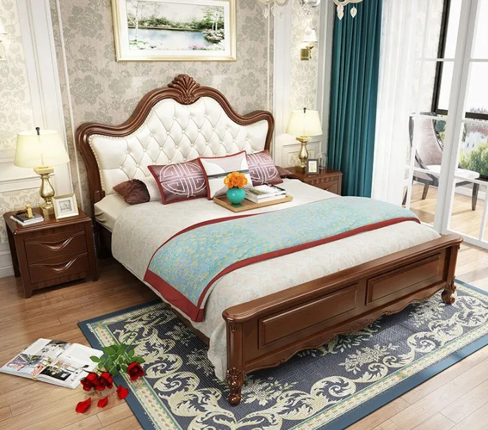 European Luxurious Solid Wood Frame King Size Tufted Button White Leather Headboard Bed