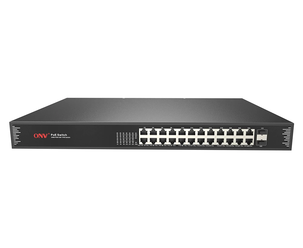 Unmanaged PoE fiber switch with 24*10/100/1000M RJ45 ports and 2*1000M uplink SFP fiber ports for monitor