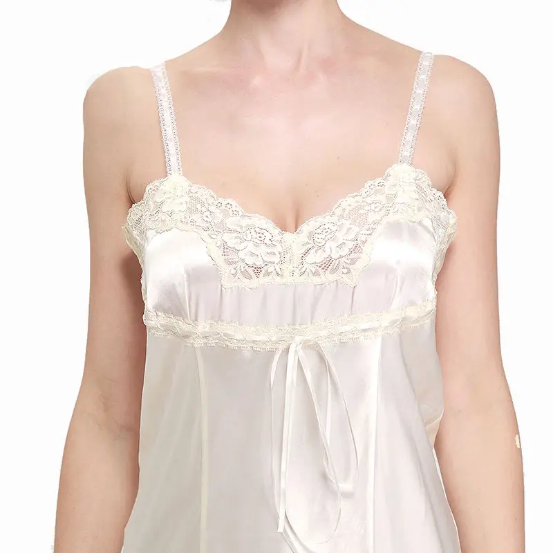 Deep V Neck Camisole Sleep Dress Natural Silk Lace Trimmed Nightdress