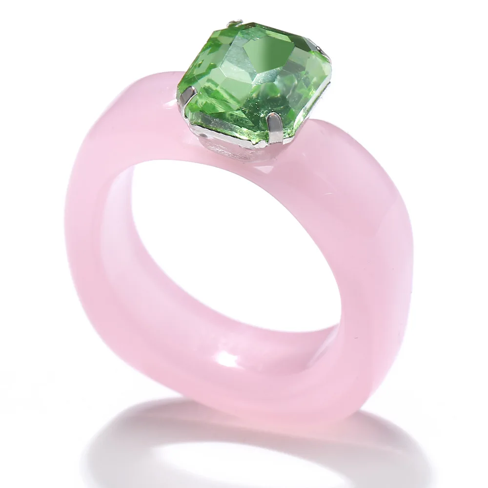 Candy Color Acrylic Finger Ring Handmade Inlay Diamond Adjustable Plastic Acrylic Chunky Resin Rings