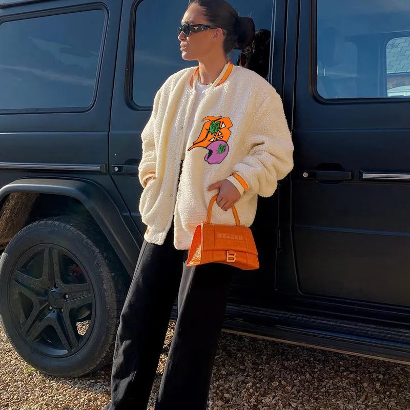 Plush Casual Cardigan Sweater For Women Fall Warm Letter Print Loose Coat Long Sleeve O Neck Winter Jacket