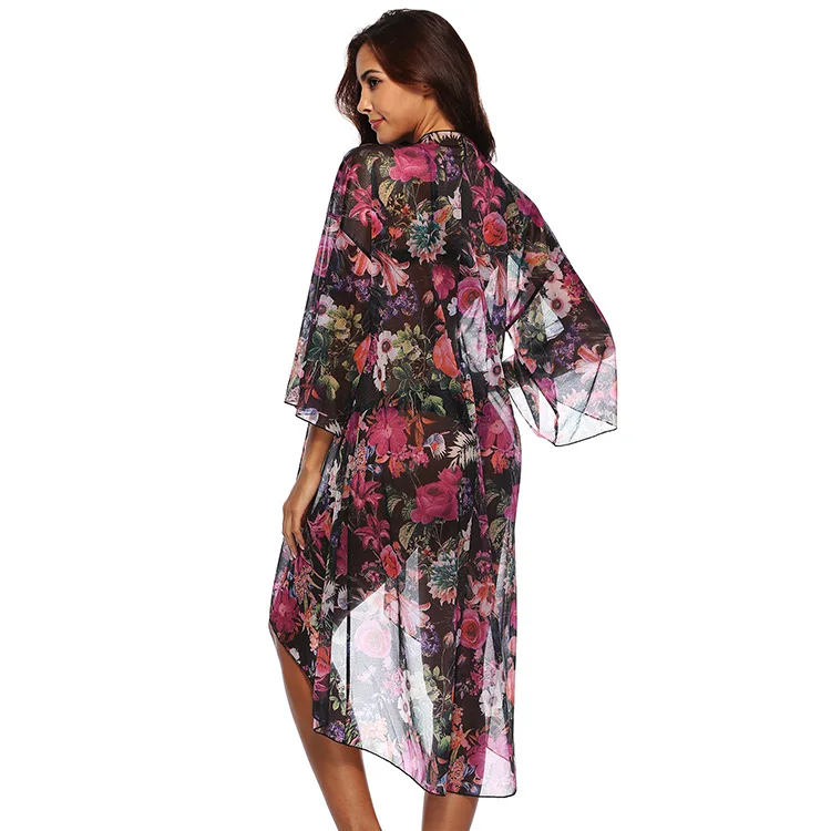 Kimono Beach Wholesale Casual Boho Floral Cardigan Chiffon Long Ladies Women Beach Open Kimono Beach Cover Up Dress For Swimwear