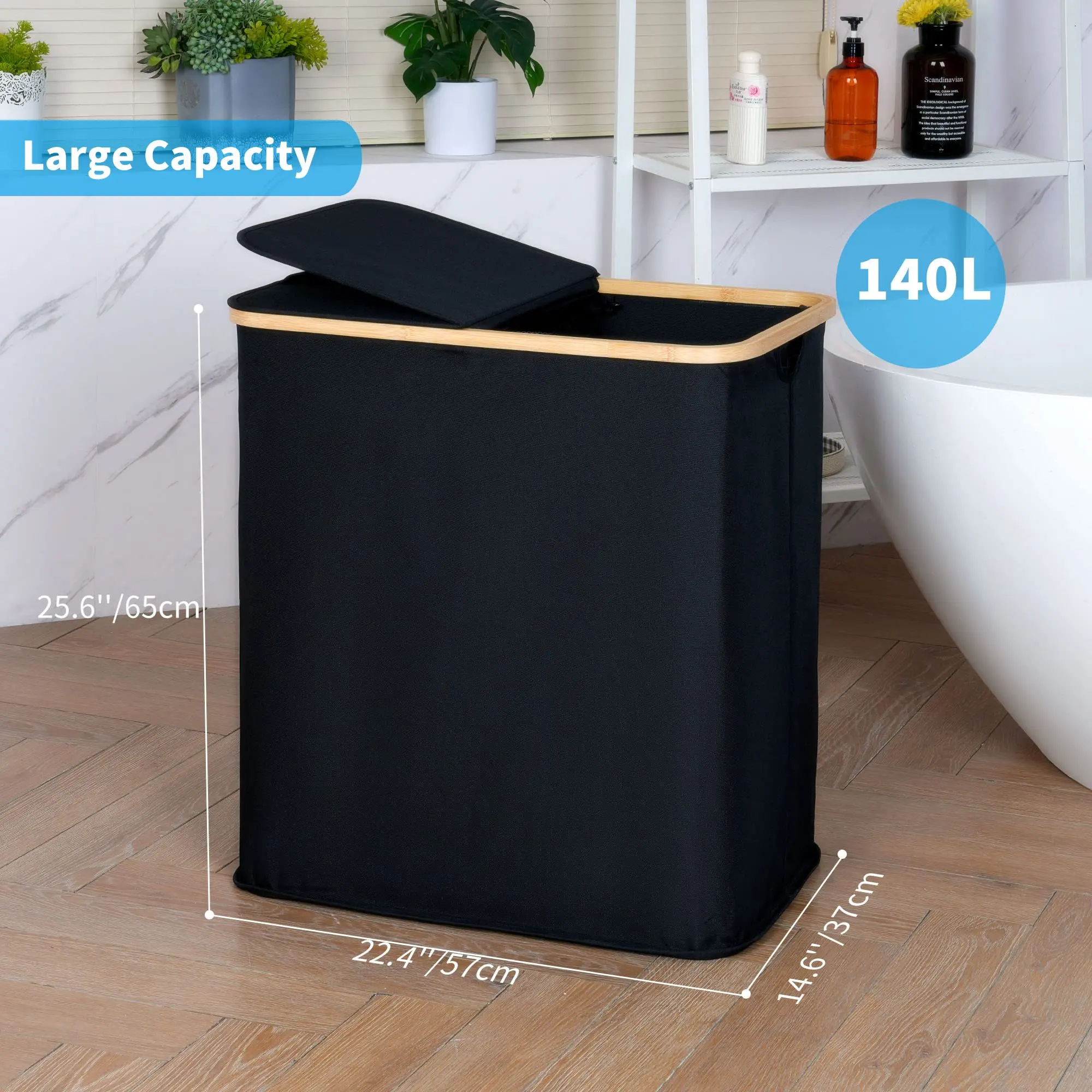 2 Section Large Capacity Foldable Bamboo Laundry Hamper Bucket With Lid Canvas Storage Basket Laundry Basket