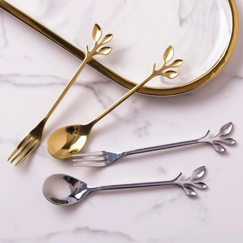 Factory Direct Sale Stainless Steel Leaves Spoon Fork Stirring Coffee Spoon Three Teeth Fruit Fork Gift Box with Golden Spoon