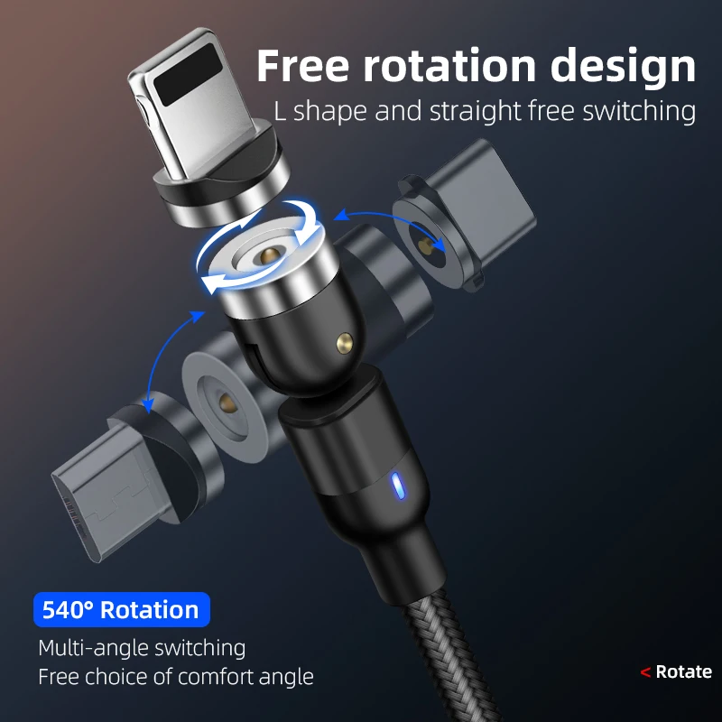 Magnetic Cable Micro USB Type C Cable Charger Mobile Phone Charger Fast Charging For iPhone 11 Samsung LED 540 Rotate