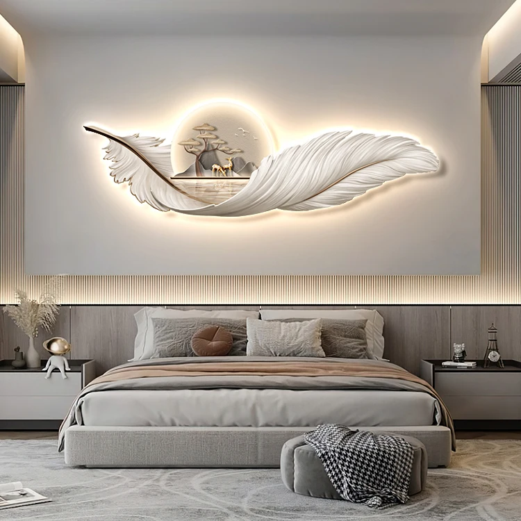 Modern Living Room Decorative Painting Feather Hanging Painting With Led Light Painting Sofa Background Wall Mural