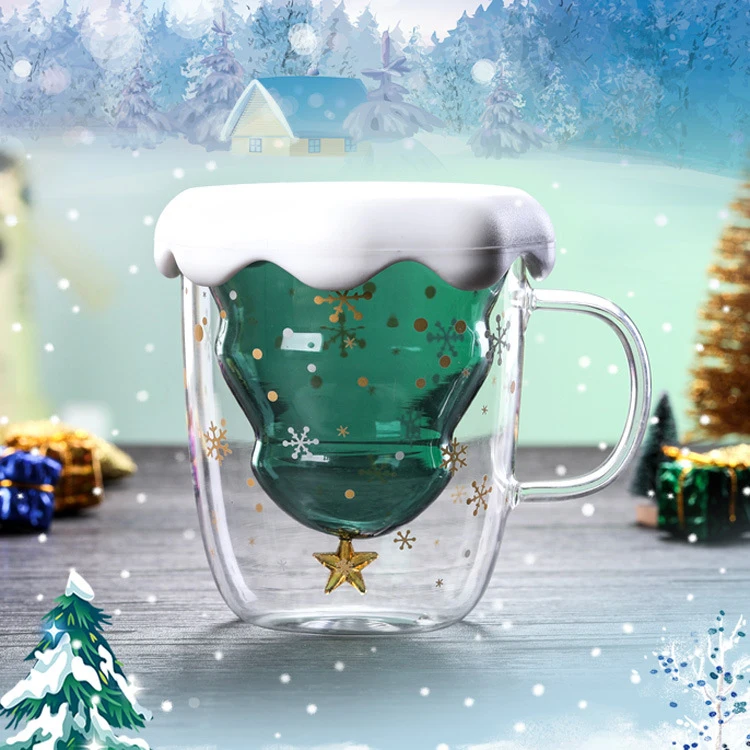 2019 new products Christmas tree cups with silicone lid and handle high borosilicate glass mugs handblown stars for sale