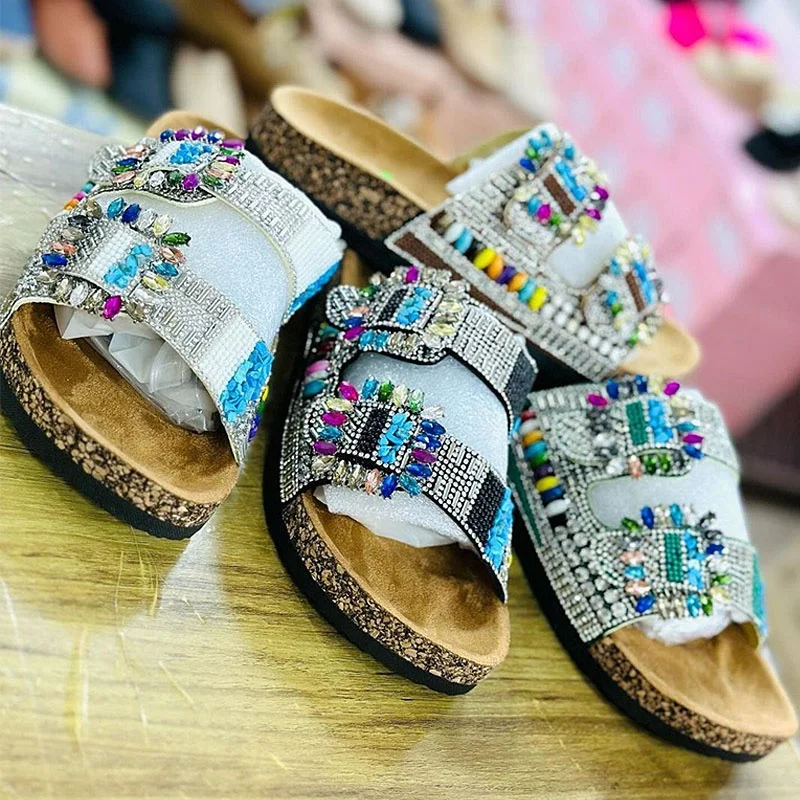 Wholesale Hot Selling Rainbow Diamond Buckle Sandals National Style Double Strap Rhinestone Slippers Women Cork Sandals