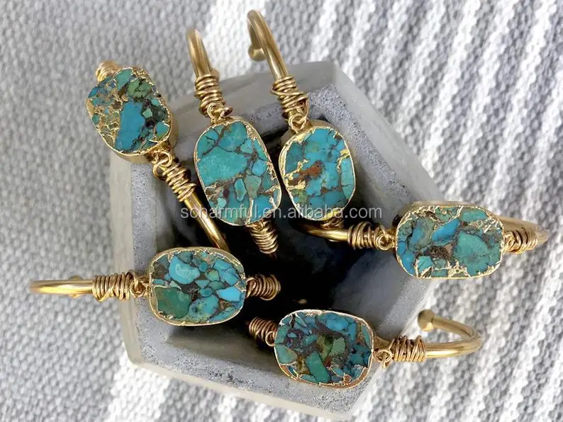 BS190925 Boho Chic IMPERIAL Jasper Stone Gold Plated Cuff Bangle