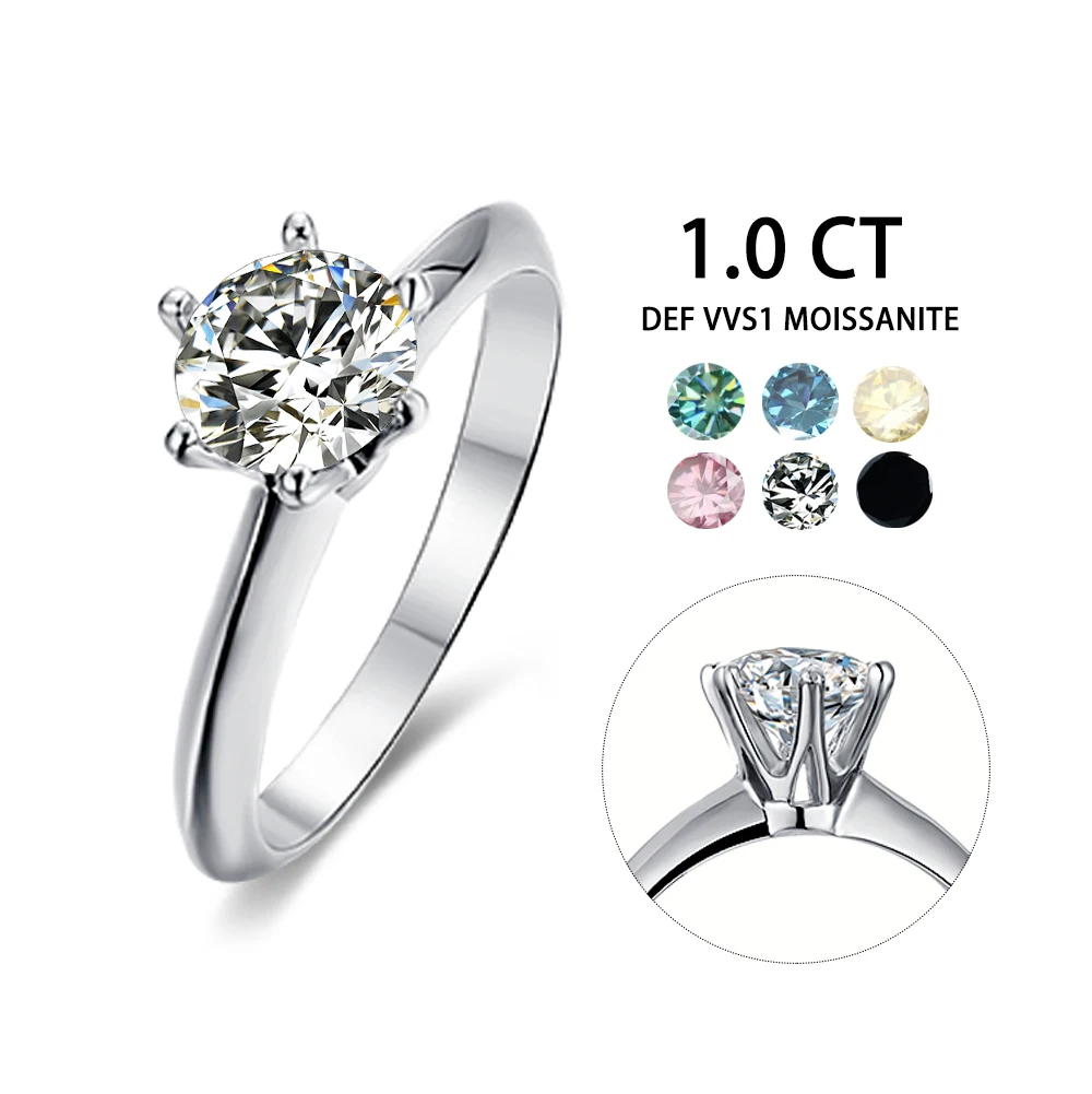 Abiding Classic Popular 925 Sterling Silver 6 Prong 1 ct Moissanite Solitaire Ring For Wedding Use