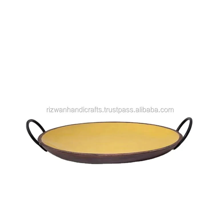 Yellow Enamel tray , wooden serving tray, round  tray,
