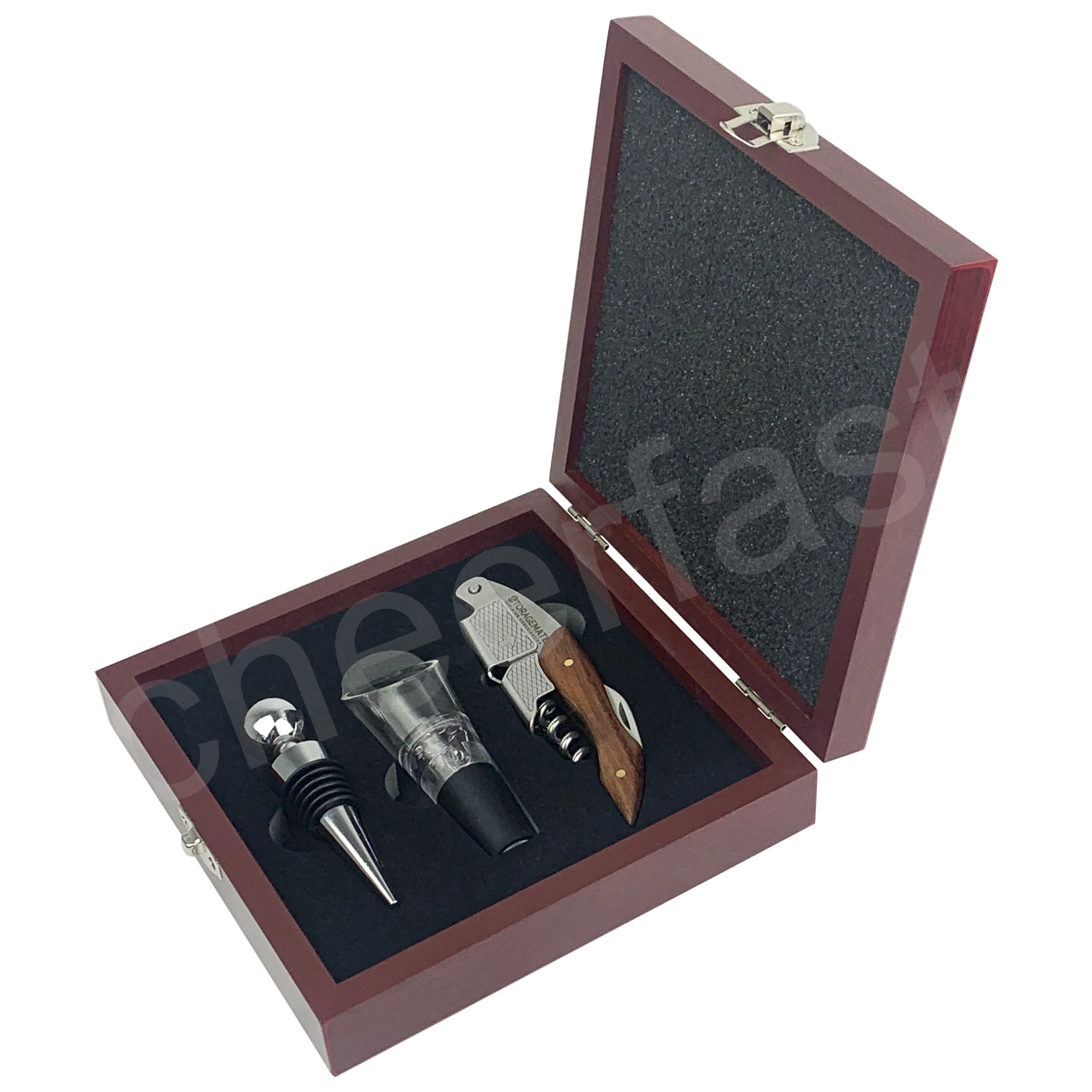 Customized Opener Wine Wood Handle Corkscrew And Stopper 3Piece Wooden Box Set Wine Accessories Gift Set Opener