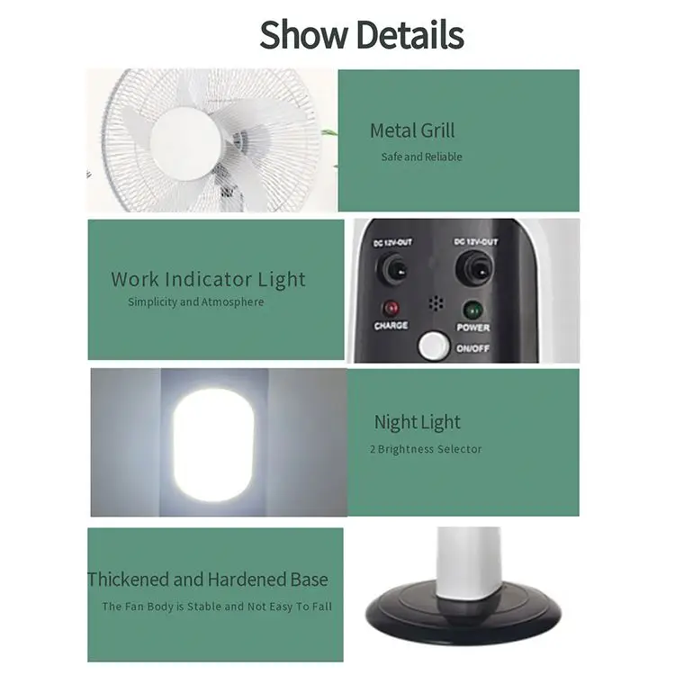 18 Inch AC DC, Rechargeable electric 12V DC Solar Powered Stand Fan with 24 LED Light and solar panel 2 bulb/