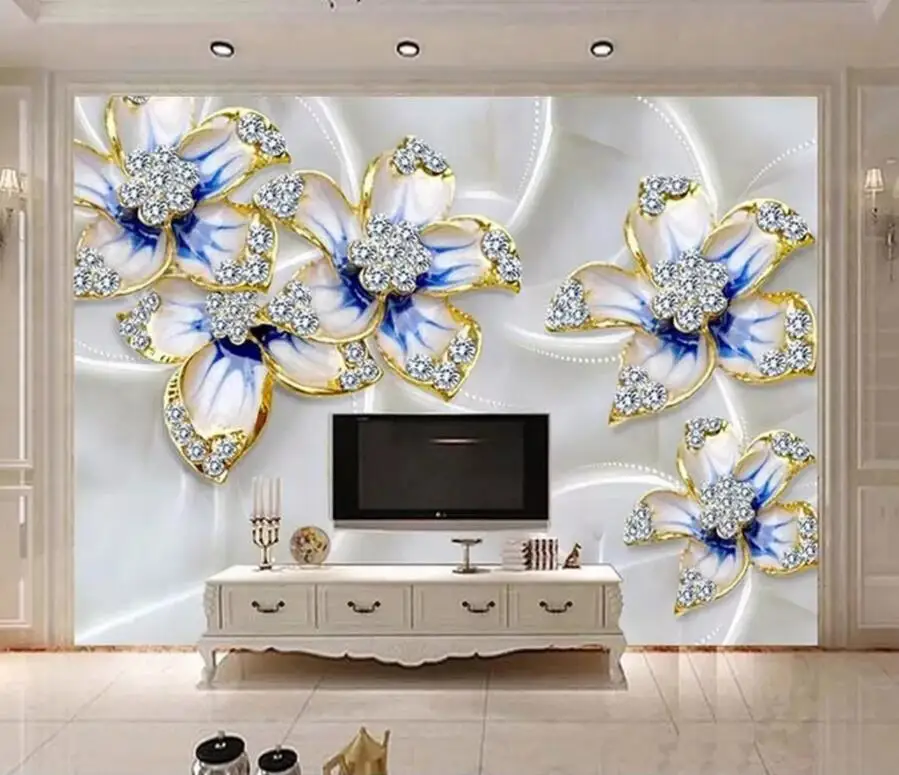 ZHIHAI Blue Diamond Flower Jewelry Background Wall Luxury Hotel Wallpapers Guangzhou Graphic Design Modern Wall Covering