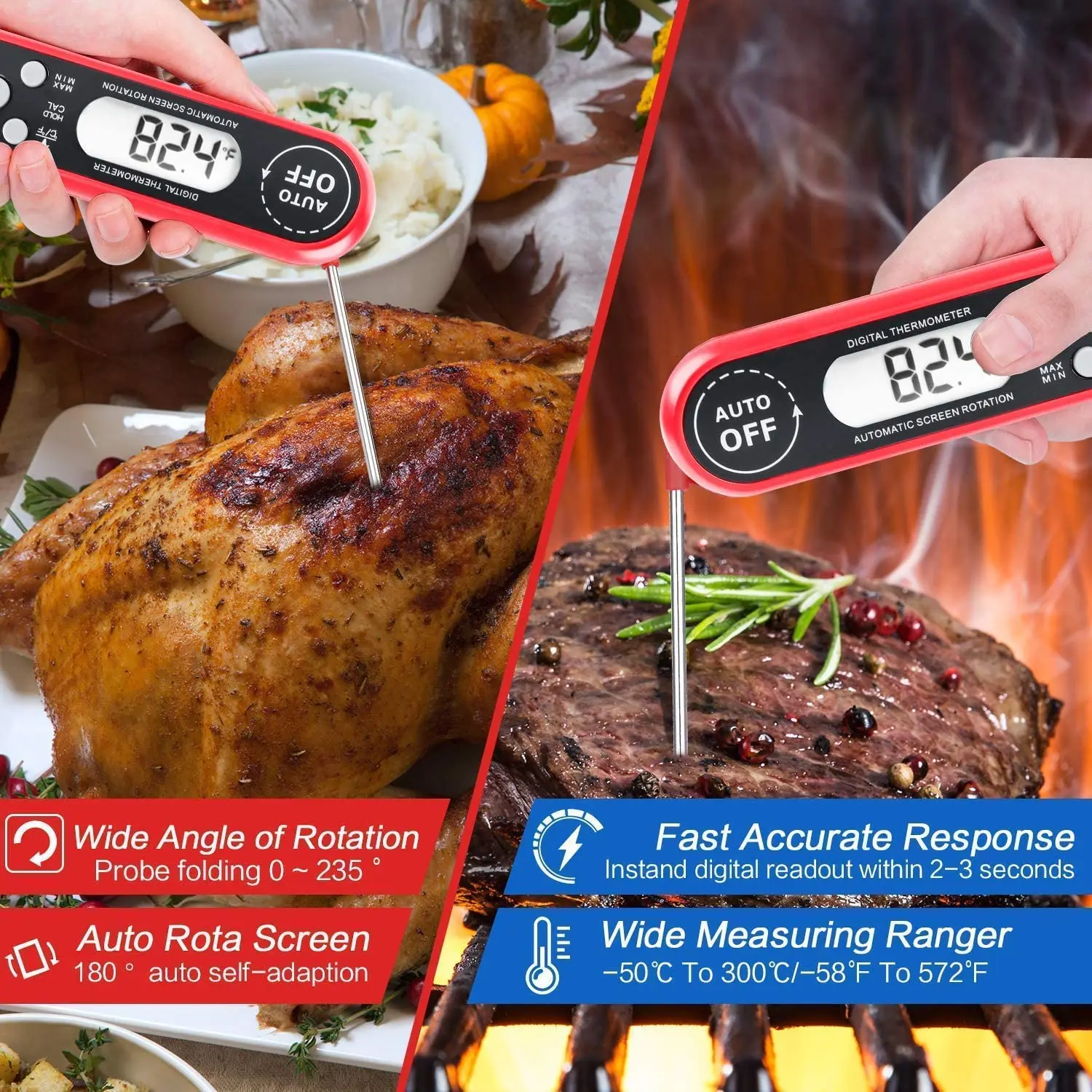 Ultra Fast Digital Cooking Thermometer IP67 Waterproof with Back Light and Calibration Instant Read Meat Thermometer