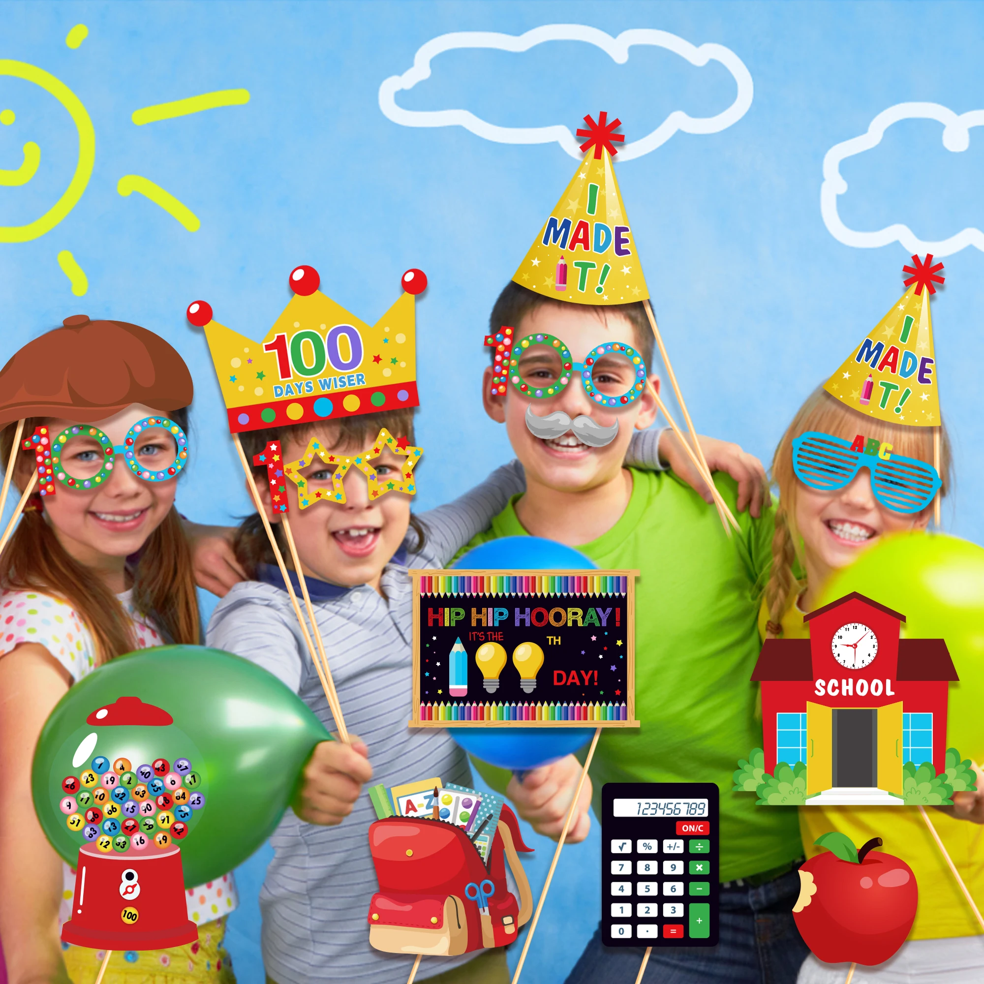 Huancai 100th Day Of School Photo Booth Props 25 PCS Party Selfie Props Kit with Sticks for Hooray 100th Day Party Supplies