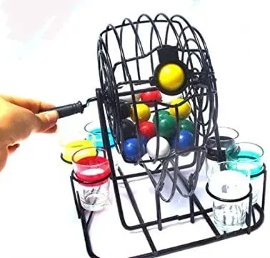 Drinking Bingo Game with 6 Different Color Shot Glasses & Metal Cage